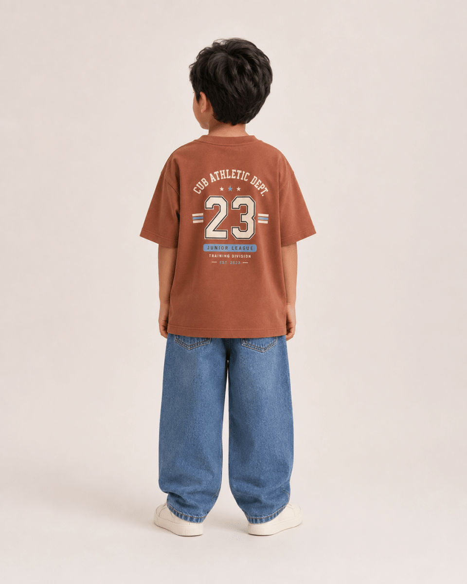 Boys oversized graphic t-shirt in Brown, 23 Jersey print, Bold Cub Korean streetwear - back