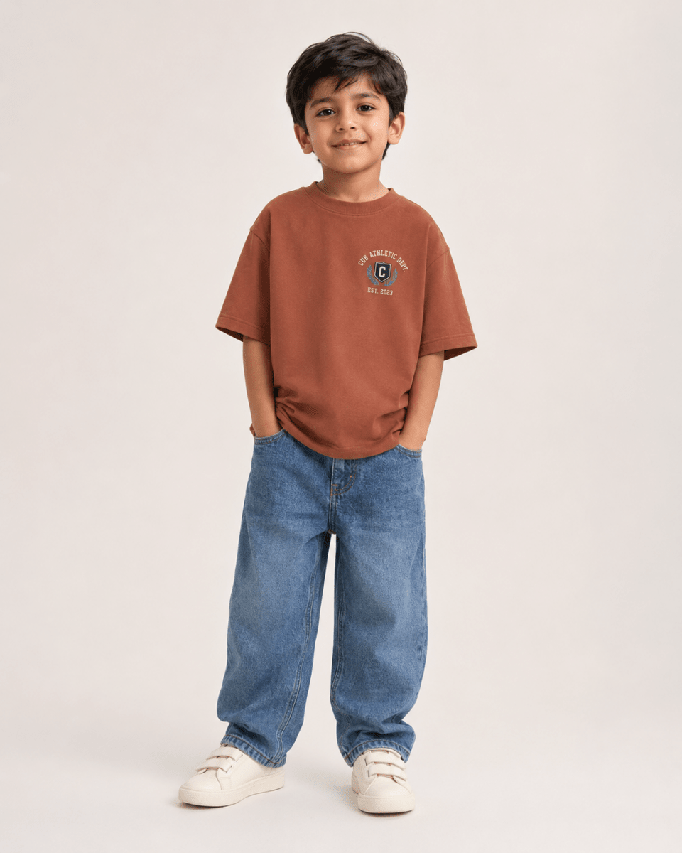 Boys oversized graphic t-shirt in Brown, 23 Jersey print, Bold Cub Korean streetwear - front