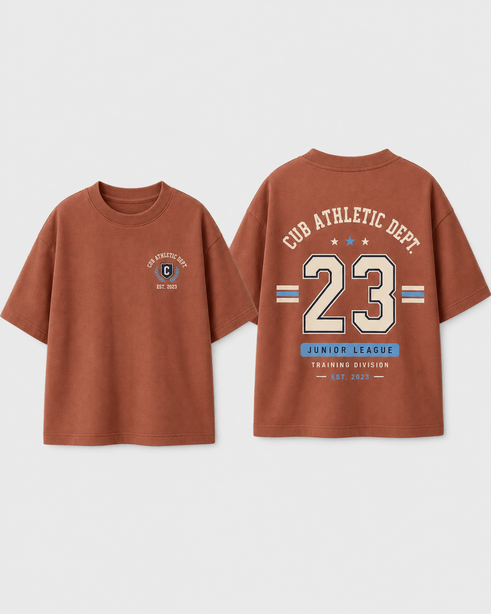 Boys oversized graphic t-shirt in Brown, 23 Jersey print, Bold Cub Korean streetwear - flat lay