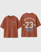 Boys oversized graphic t-shirt in Brown, 23 Jersey print, Bold Cub Korean streetwear - flat lay