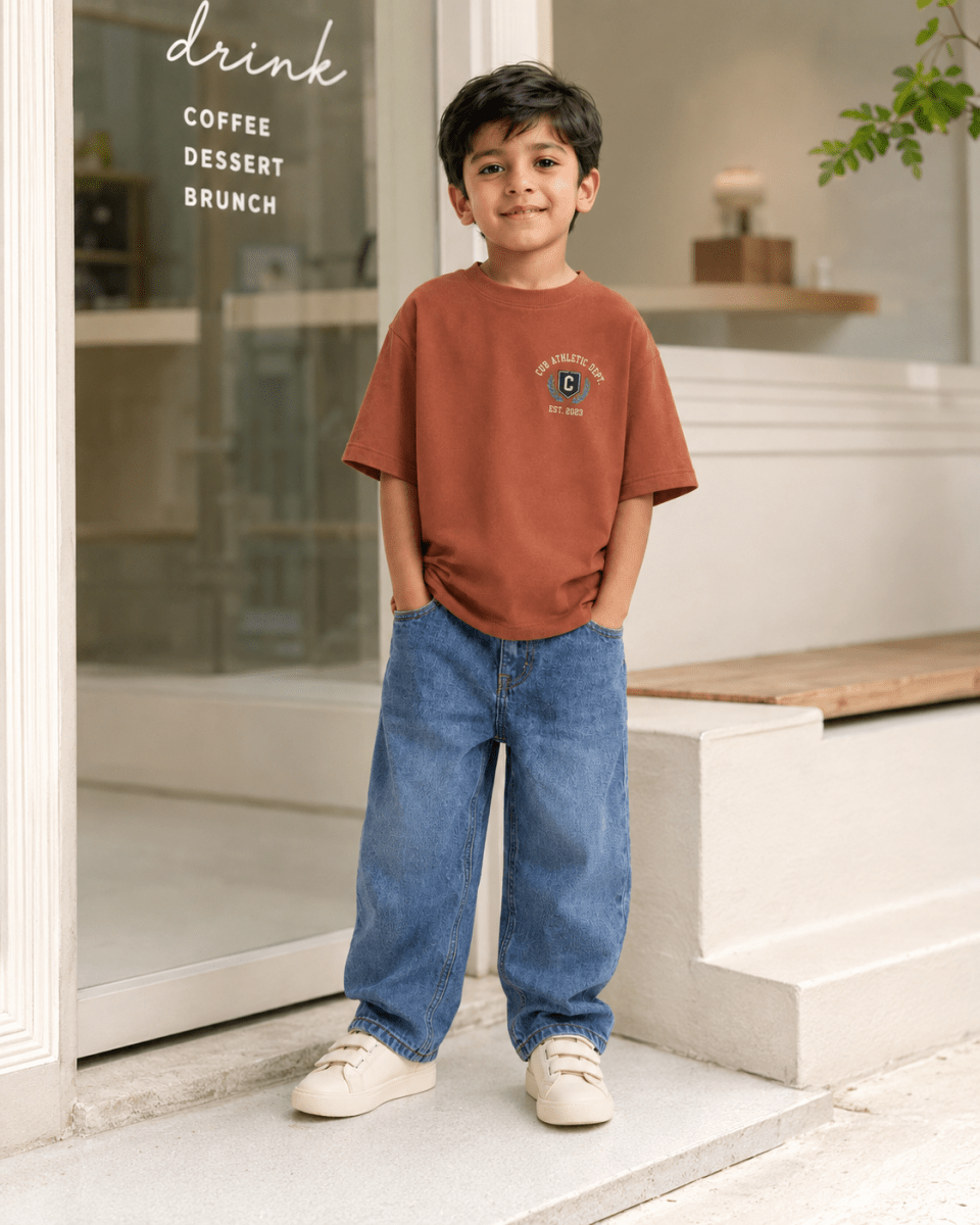 Boys oversized graphic t-shirt in Brown, 23 Jersey print, Bold Cub Korean streetwear - lifestyle shot