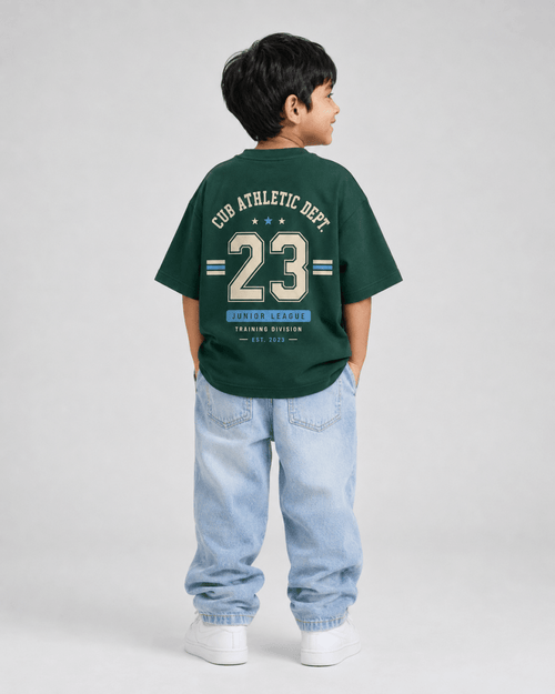Boys oversized graphic t-shirt in emerald green, 23 Jersey print, Bold Cub Korean streetwear - back