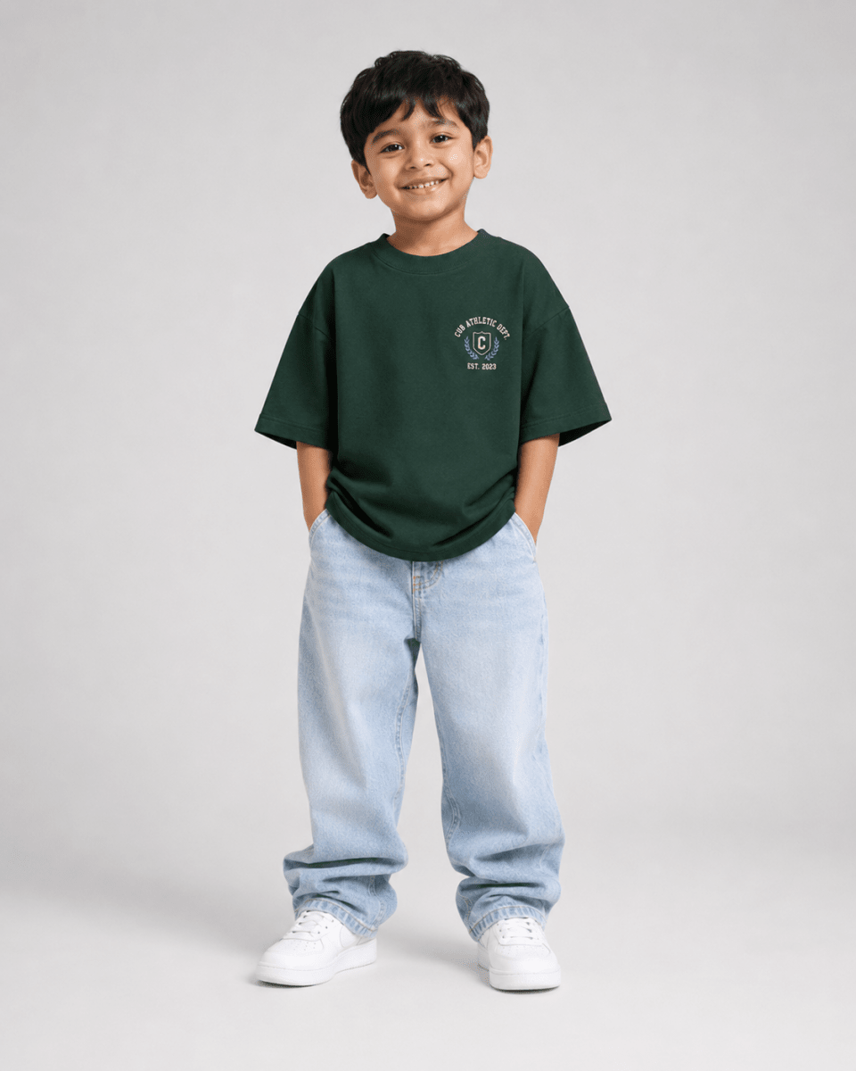 Boys oversized graphic t-shirt in emerald green, 23 Jersey print, Bold Cub Korean streetwear - front