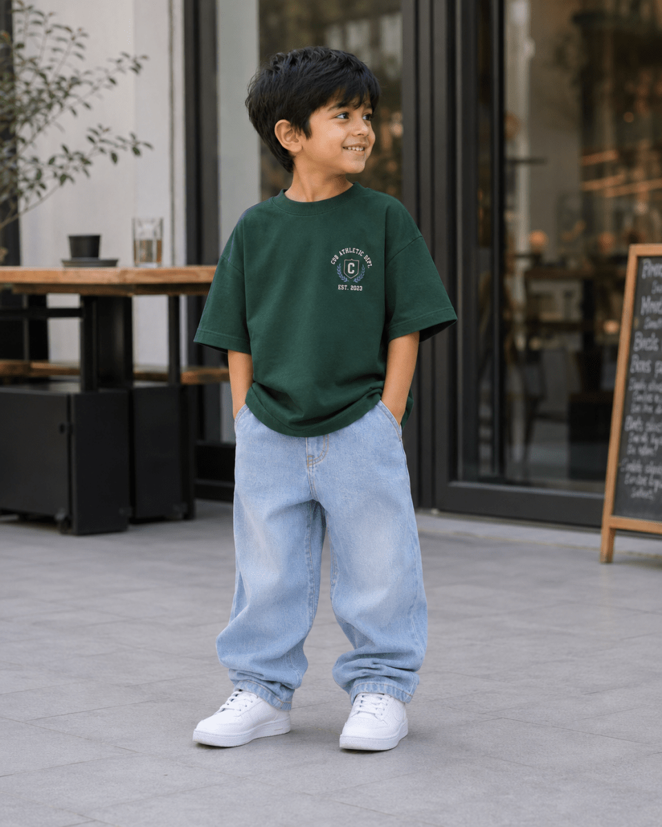 Boys oversized graphic t-shirt in emerald green, 23 Jersey print, Bold Cub Korean streetwear - lifestyle shot