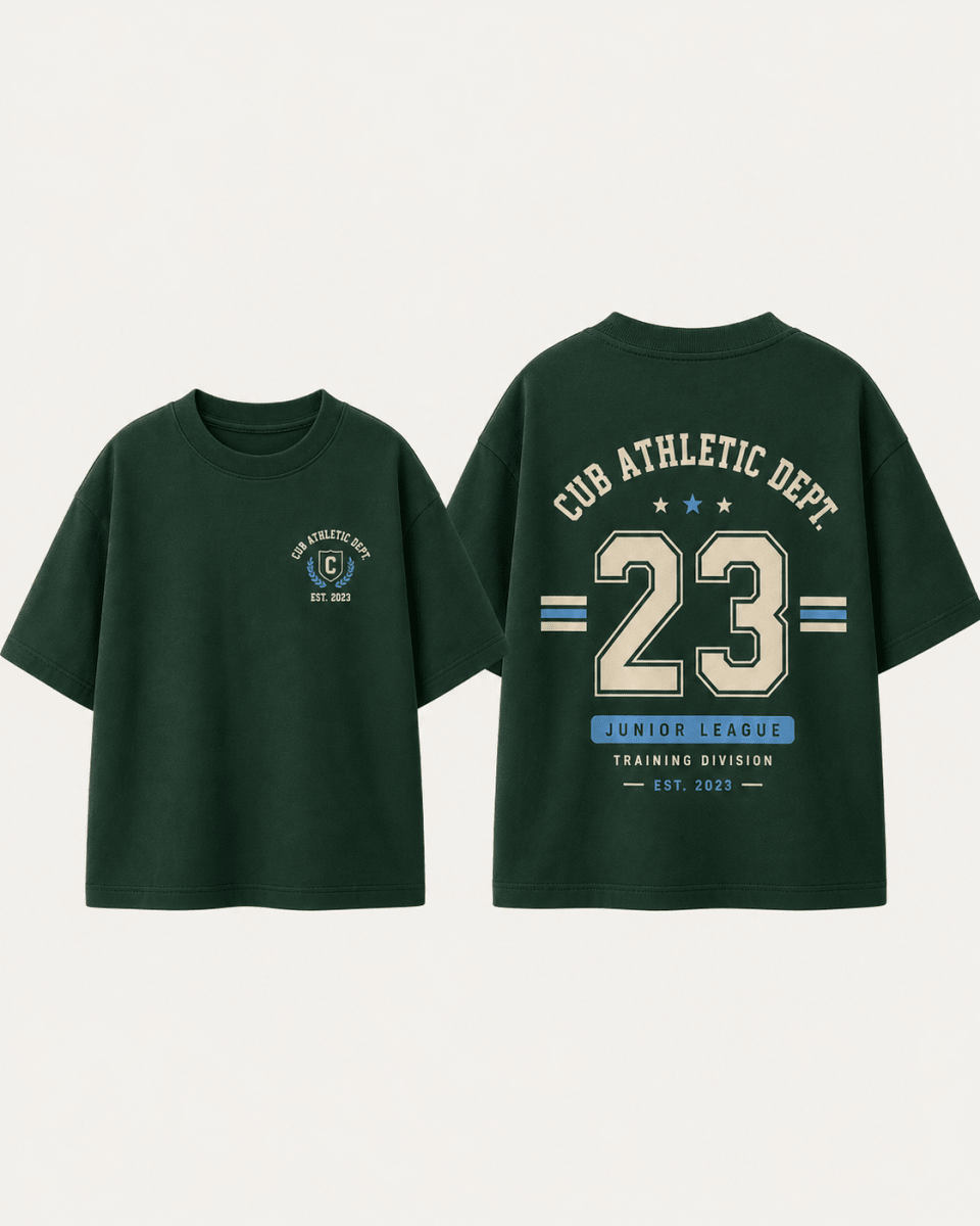 Boys oversized graphic t-shirt in emerald green, 23 Jersey print, Bold Cub Korean streetwear - flat lay