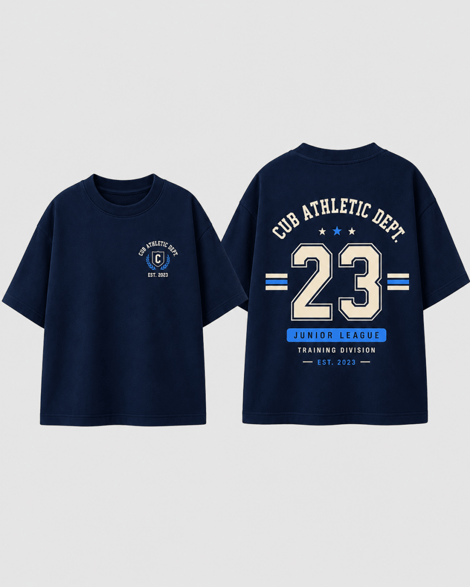 Boys oversized graphic t-shirt in navy blue, 23 Jersey print, Bold Cub Korean streetwear - flat lay