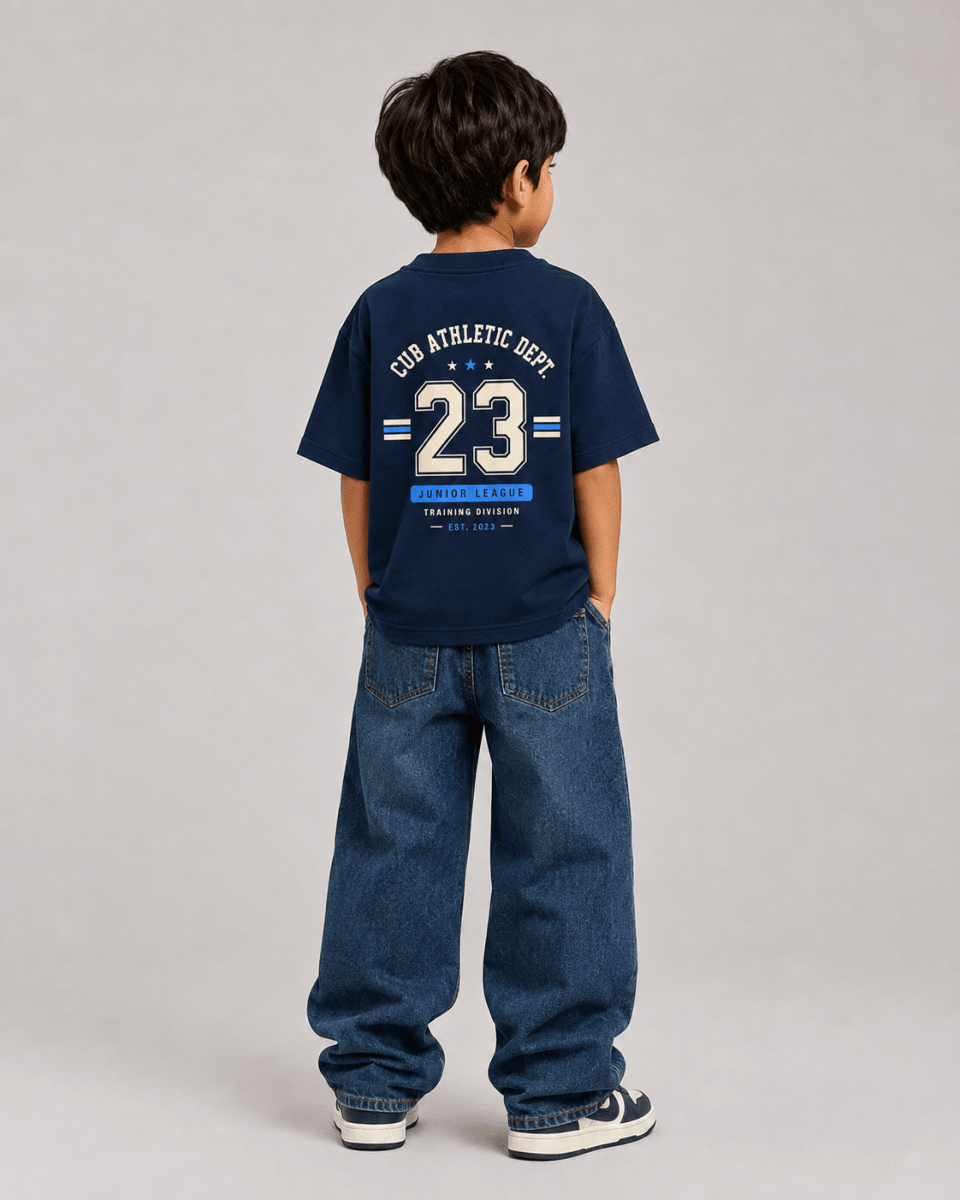 Boys oversized graphic t-shirt in navy blue, 23 Jersey print, Bold Cub Korean streetwear - back