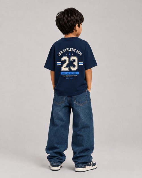Boys oversized graphic t-shirt in navy blue, 23 Jersey print, Bold Cub Korean streetwear - back