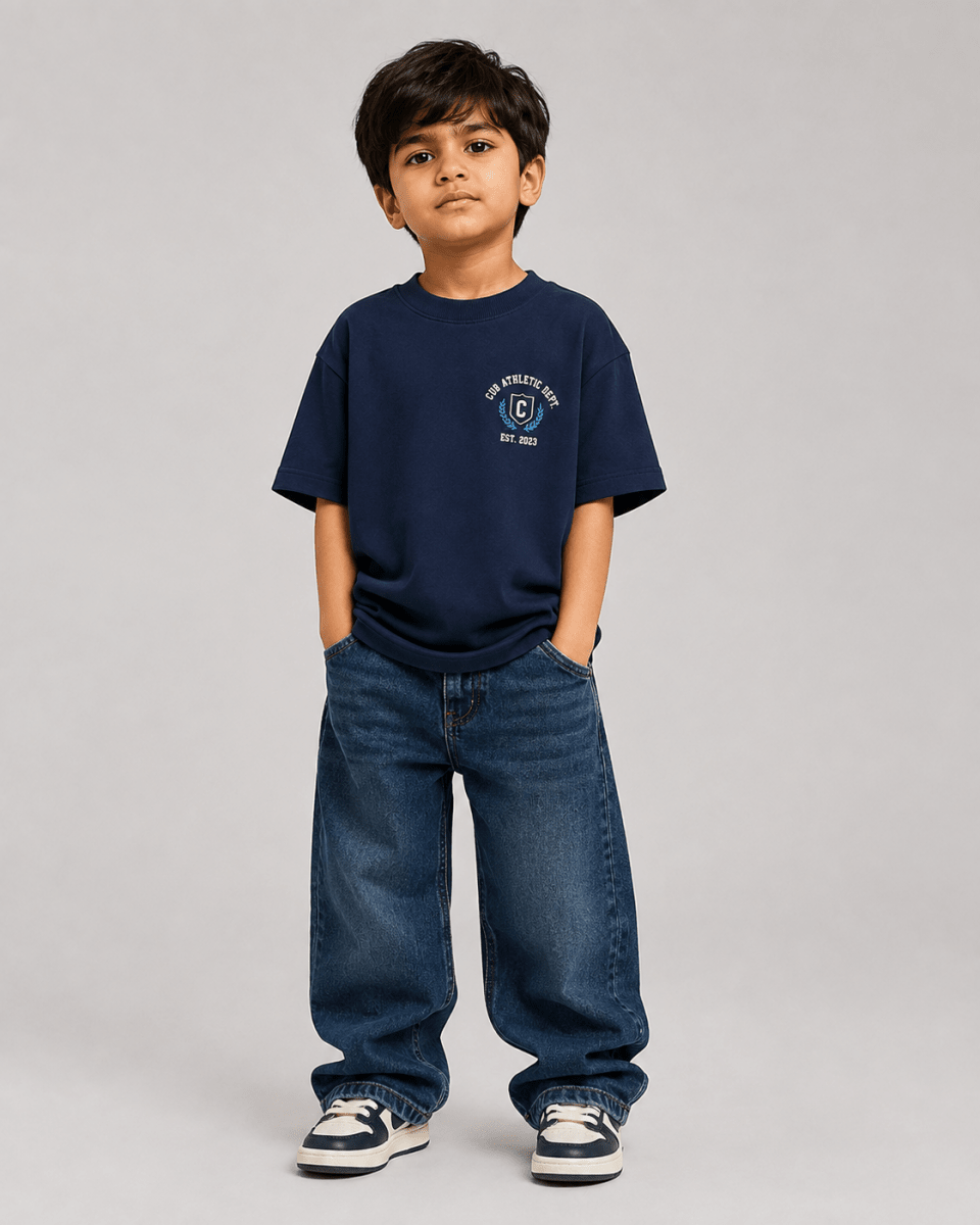 Boys oversized graphic t-shirt in navy blue, 23 Jersey print, Bold Cub Korean streetwear - front