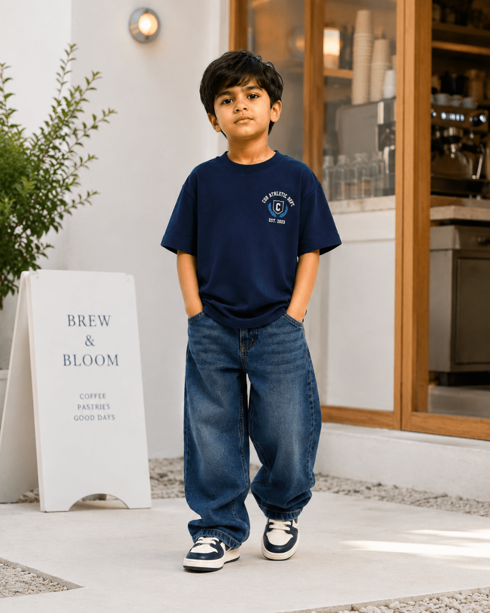 Boys oversized graphic t-shirt in navy blue, 23 Jersey print, Bold Cub Korean streetwear - lifestyle shot