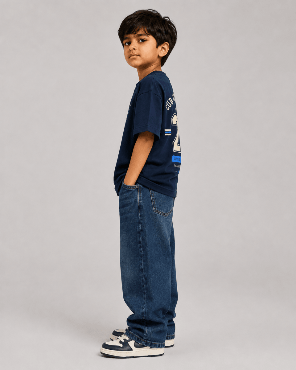 Boys oversized graphic t-shirt in navy blue, 23 Jersey print, Bold Cub Korean streetwear - detail shot
