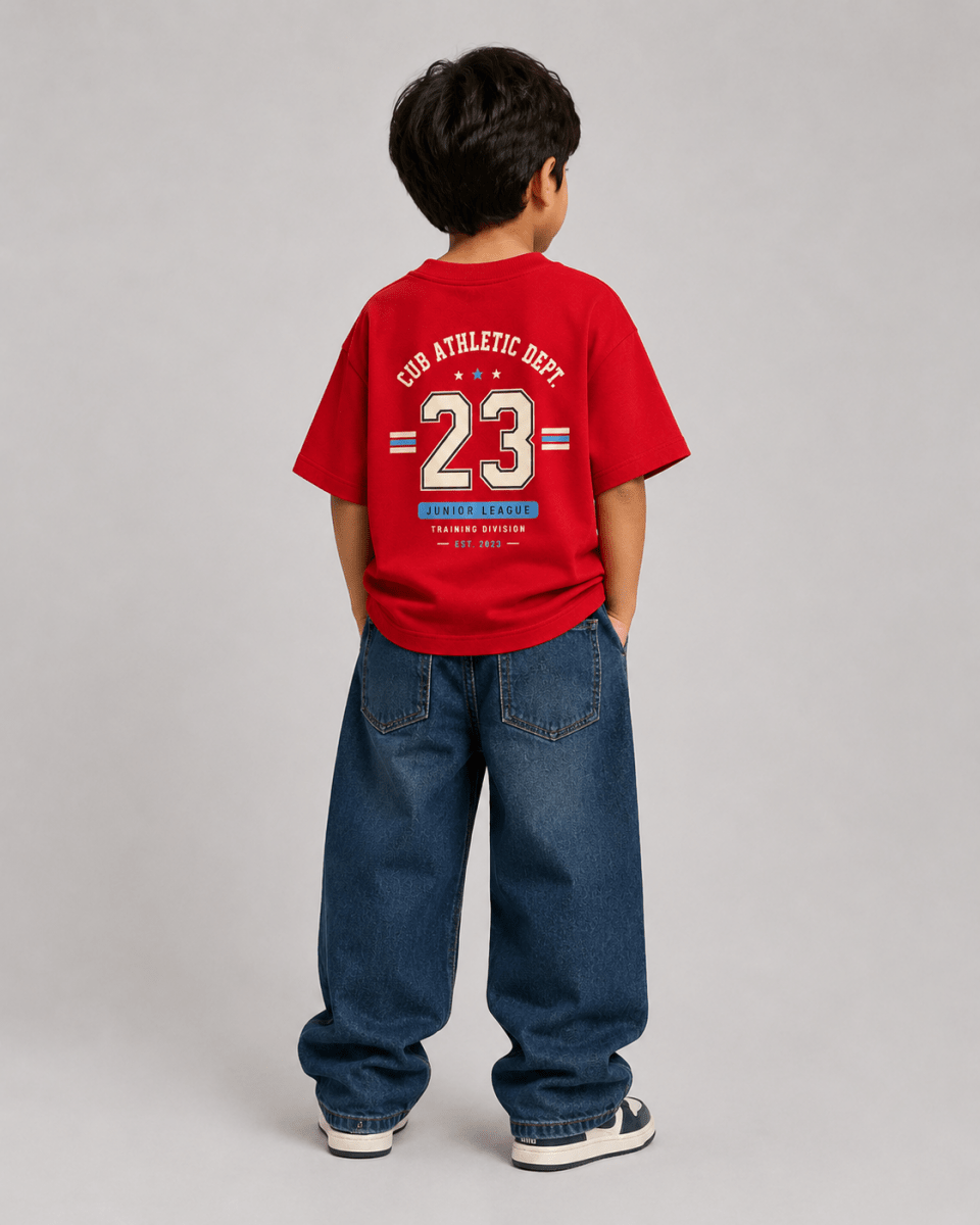 Boys oversized graphic t-shirt in red, 23 Jersey print, Bold Cub Korean streetwear - back