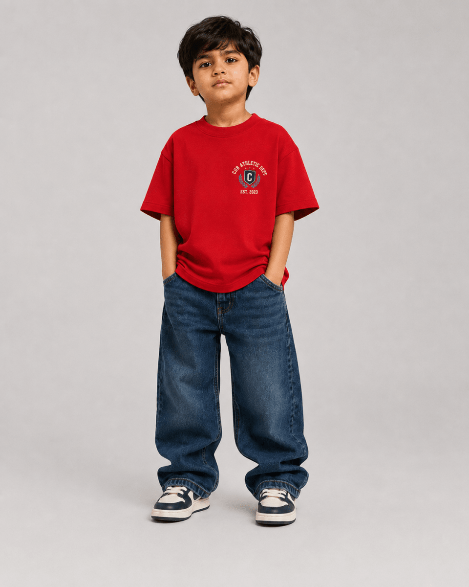 Boys oversized graphic t-shirt in red, 23 Jersey print, Bold Cub Korean streetwear - front