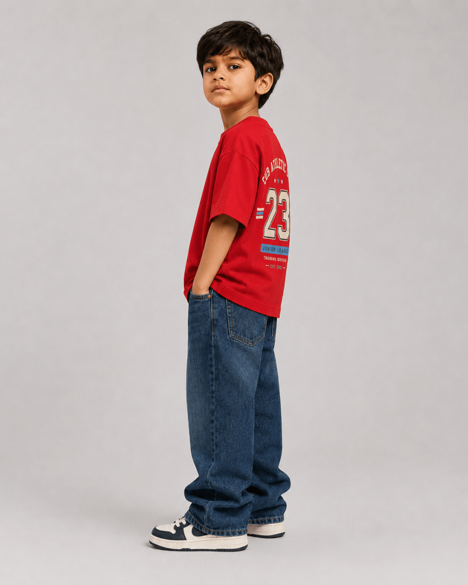 Boys oversized graphic t-shirt in red, 23 Jersey print, Bold Cub Korean streetwear - detail shot