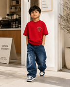 Boys oversized graphic t-shirt in red, 23 Jersey print, Bold Cub Korean streetwear - lifestyle shot