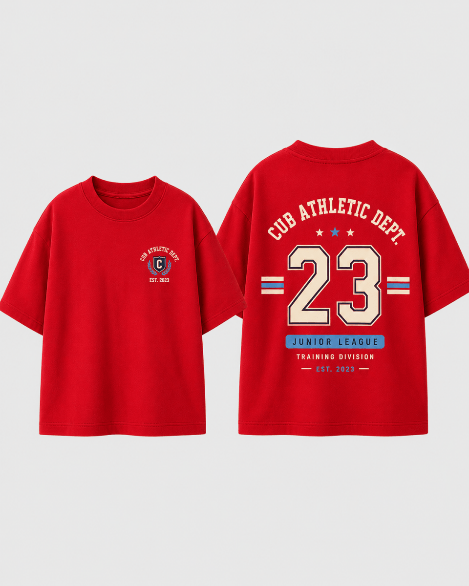 Boys oversized graphic t-shirt in red, 23 Jersey print, Bold Cub Korean streetwear - flat lay