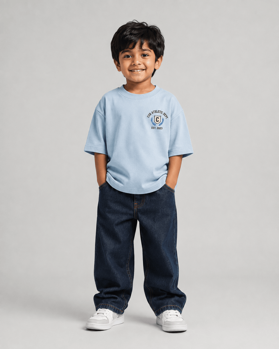 Boys oversized graphic t-shirt in sky blue, 23 Jersey print, Bold Cub Korean streetwear - front