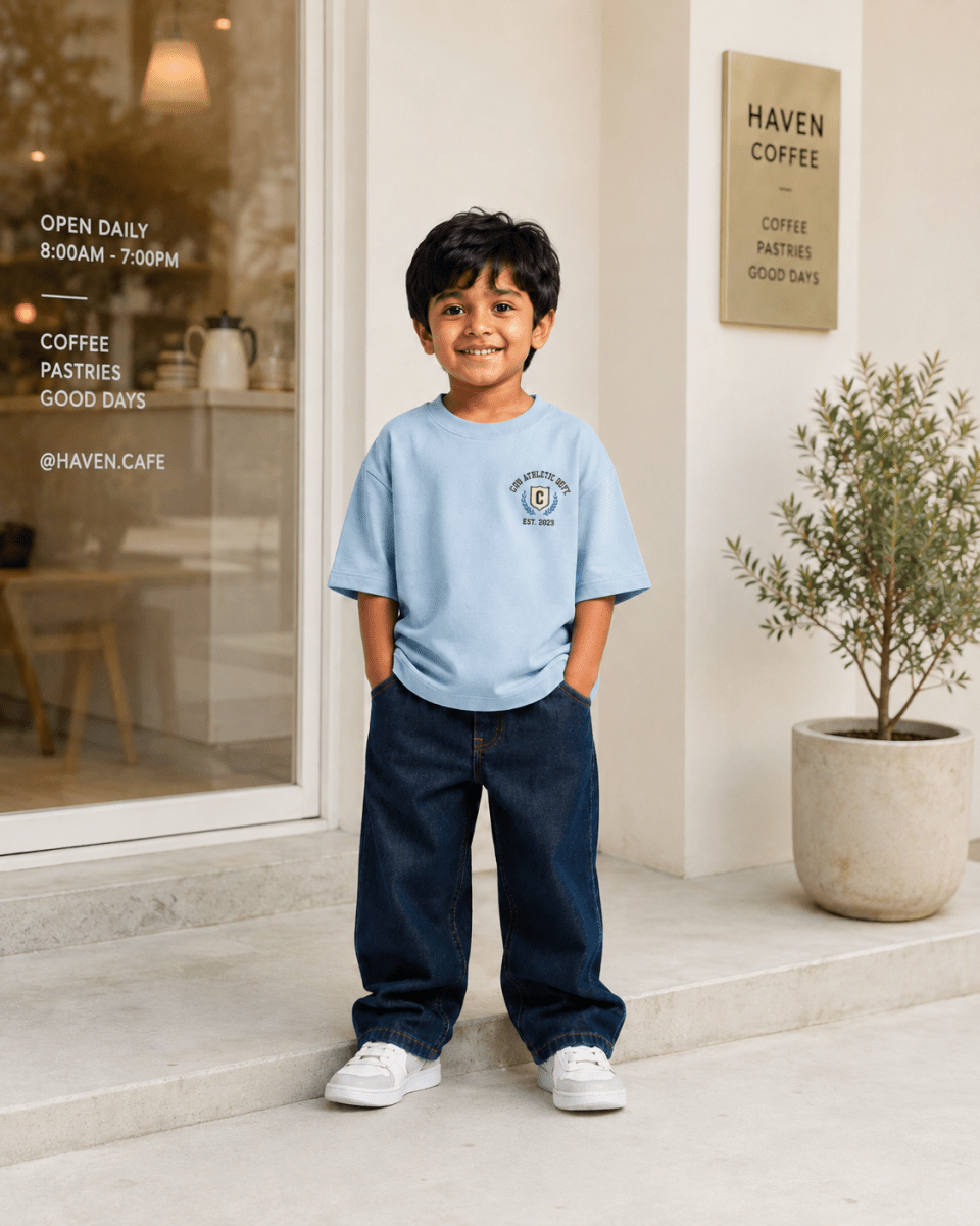Boys oversized graphic t-shirt in sky blue, 23 Jersey print, Bold Cub Korean streetwear - lifestyle shot