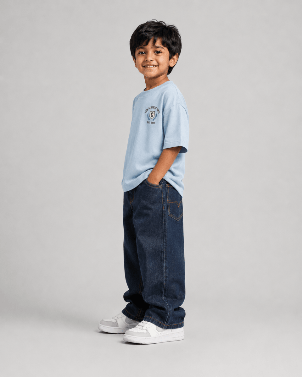 Boys oversized graphic t-shirt in sky blue, 23 Jersey print, Bold Cub Korean streetwear - detail shot