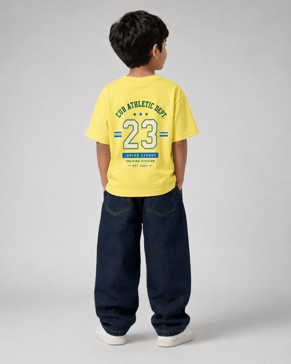 Boys oversized graphic t-shirt in pastel yellow, 23 Jersey print, Bold Cub Korean streetwear - back