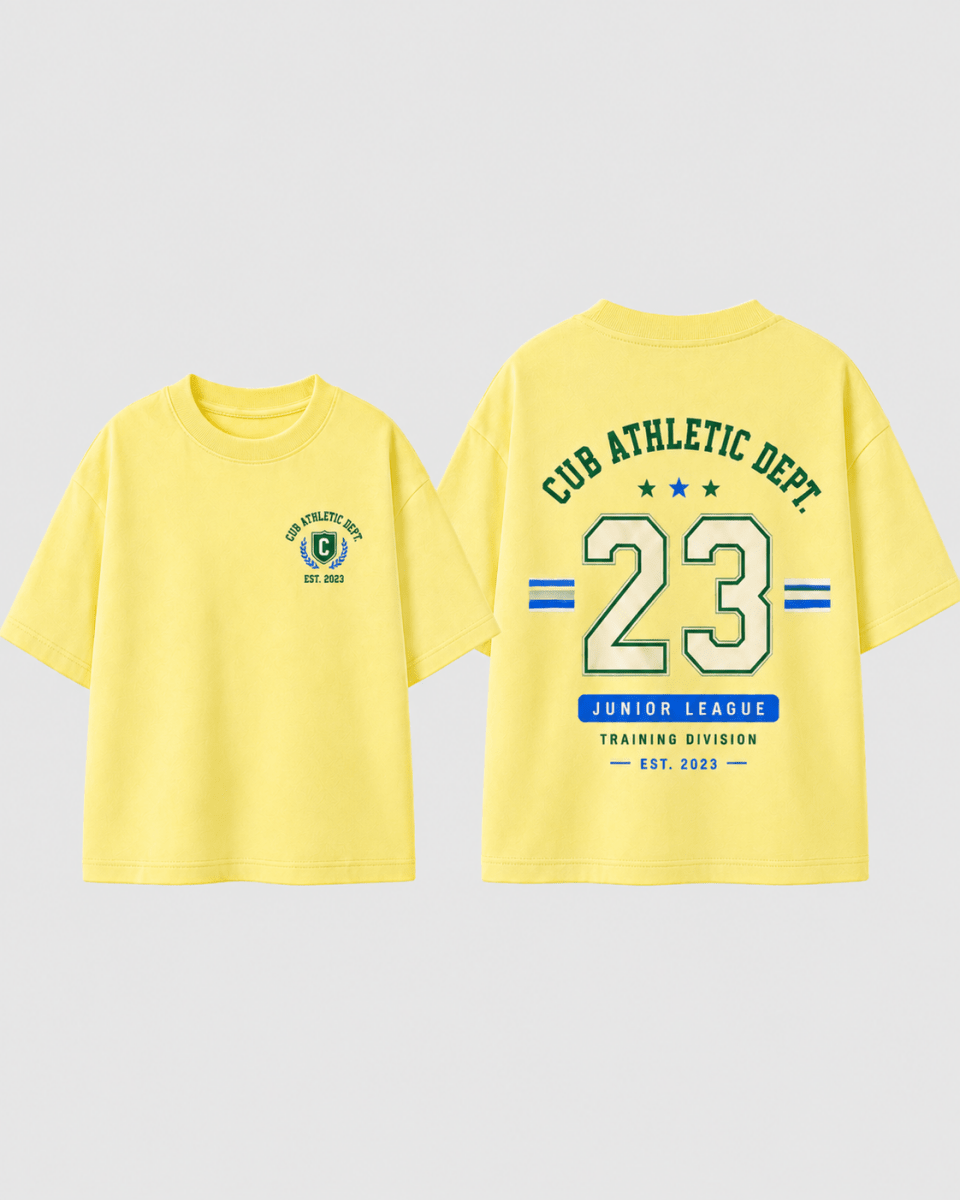 Boys oversized graphic t-shirt in pastel yellow, 23 Jersey print, Bold Cub Korean streetwear - flat lay