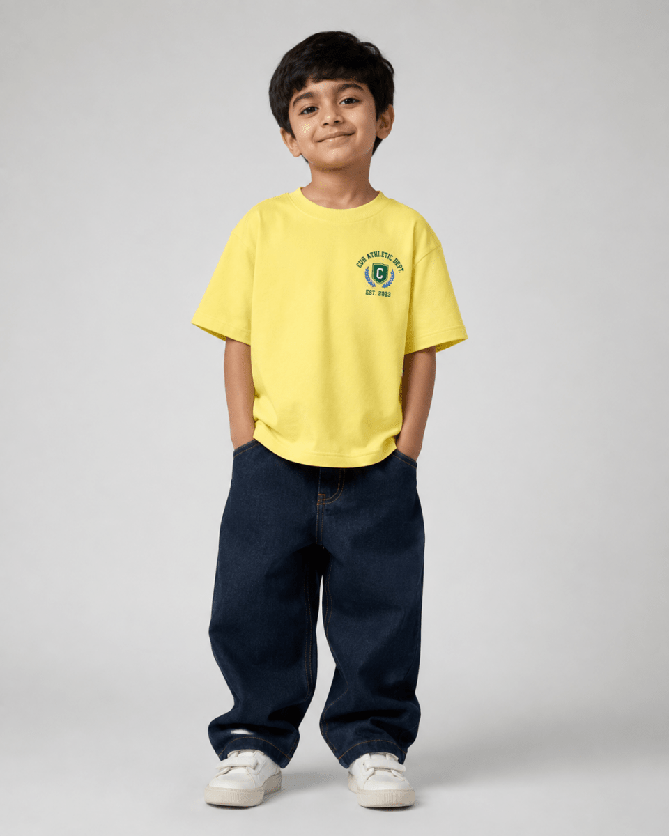 Boys oversized graphic t-shirt in pastel yellow, 23 Jersey print, Bold Cub Korean streetwear - front