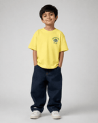 Boys oversized graphic t-shirt in pastel yellow, 23 Jersey print, Bold Cub Korean streetwear - front