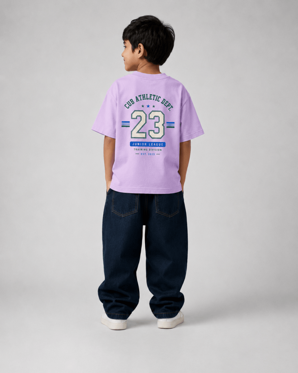 Boys oversized graphic t-shirt in lavender, 23 Jersey print, Bold Cub Korean streetwear - back