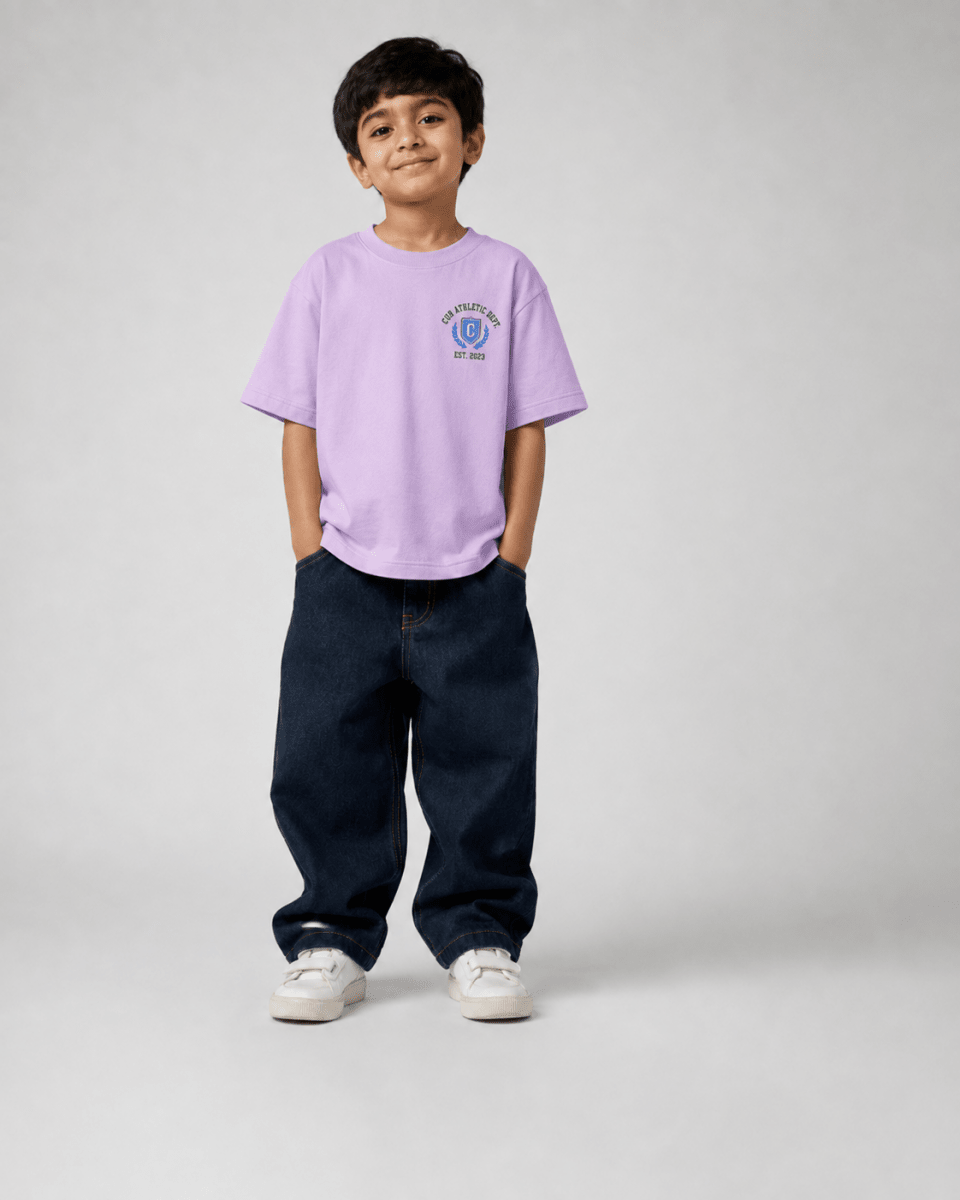 Boys oversized graphic t-shirt in lavender, 23 Jersey print, Bold Cub Korean streetwear - front