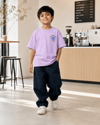 Boys oversized graphic t-shirt in lavender, 23 Jersey print, Bold Cub Korean streetwear - lifestyle shot