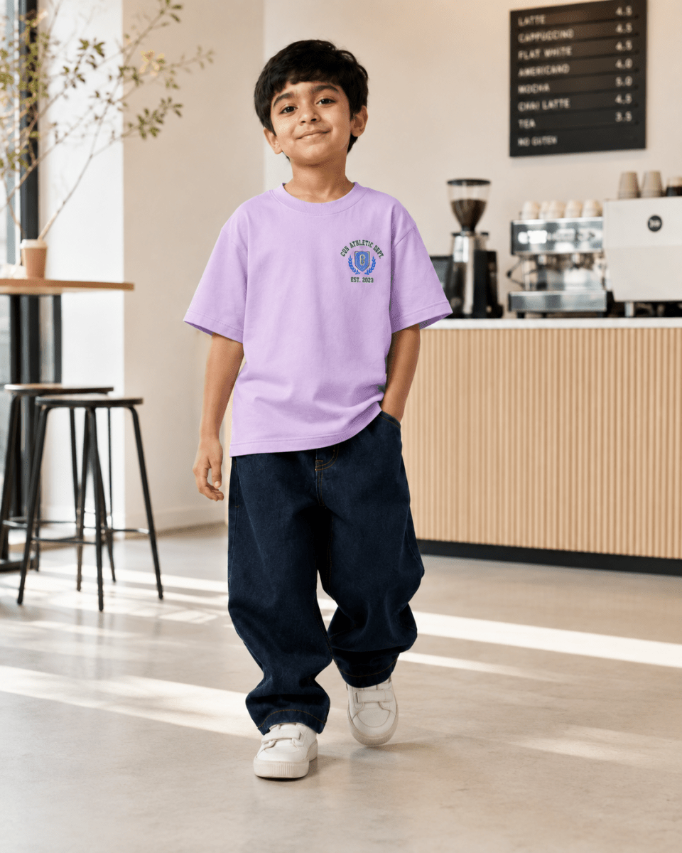 Boys oversized graphic t-shirt in lavender, 23 Jersey print, Bold Cub Korean streetwear - lifestyle shot