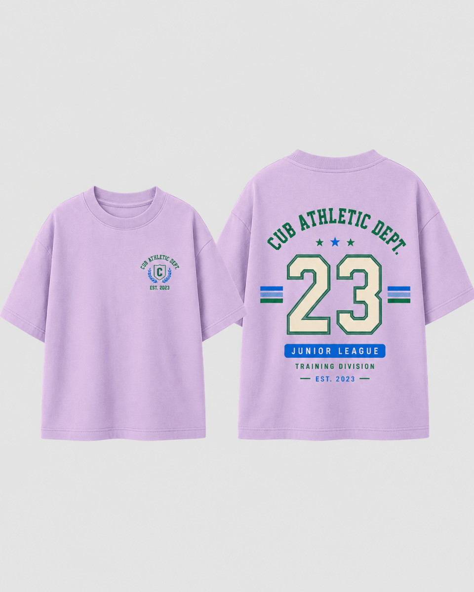 Boys oversized graphic t-shirt in lavender, 23 Jersey print, Bold Cub Korean streetwear - flat lay