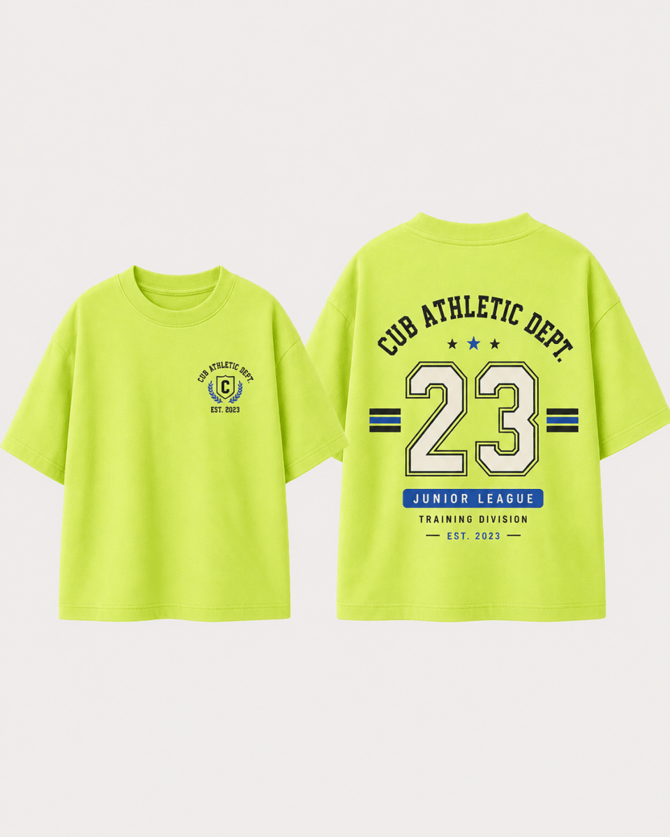 Boys oversized graphic t-shirt in neon lime, 23 Jersey print, Bold Cub Korean streetwear - flat lay