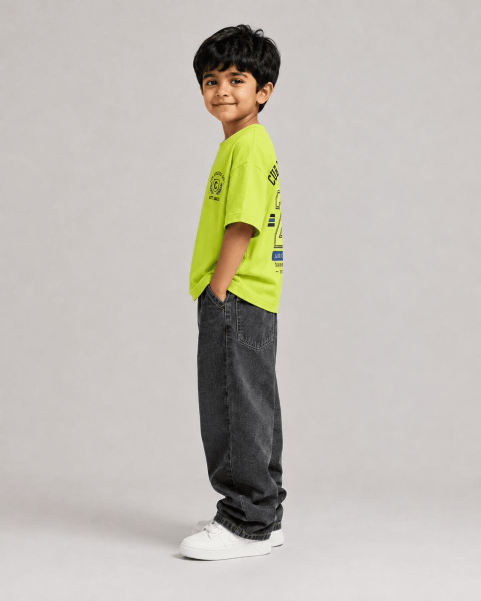 Boys oversized graphic t-shirt in neon lime, 23 Jersey print, Bold Cub Korean streetwear - detail shot