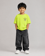 Boys oversized graphic t-shirt in neon lime, 23 Jersey print, Bold Cub Korean streetwear - front