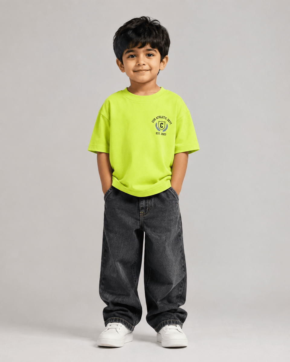 Boys oversized graphic t-shirt in neon lime, 23 Jersey print, Bold Cub Korean streetwear - front