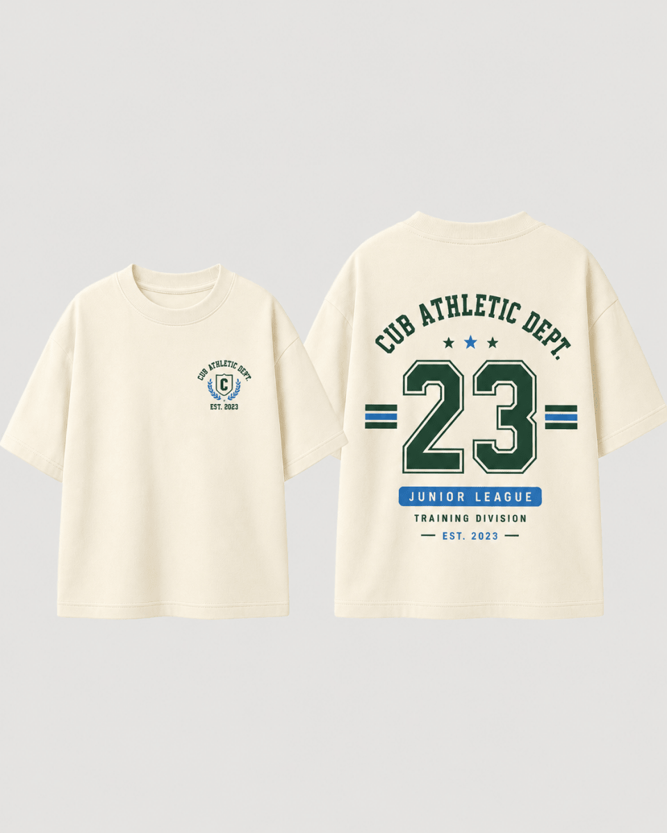 Boys oversized graphic t-shirt in off-white, 23 Jersey print, Bold Cub Korean streetwear - flat lay