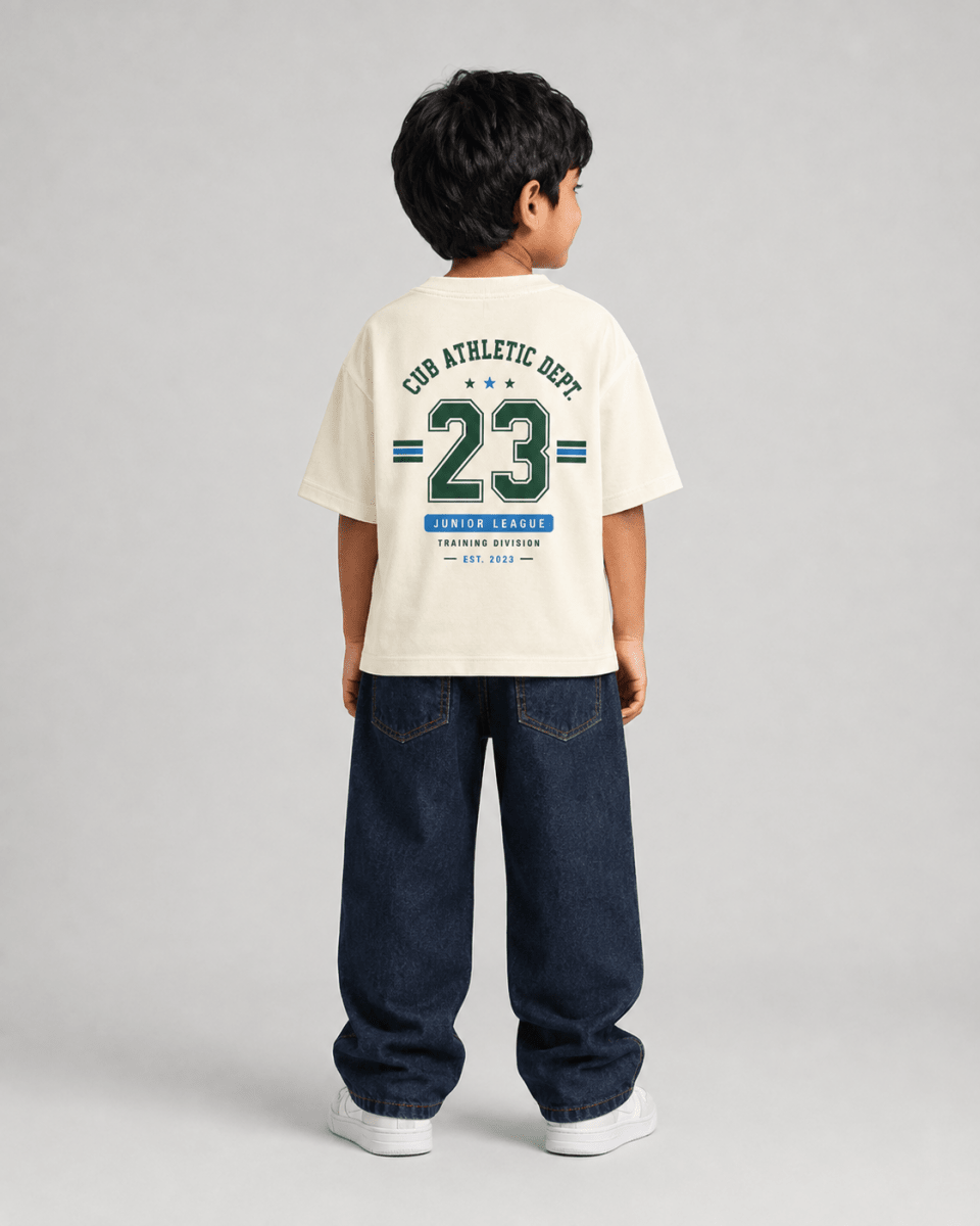 Boys oversized graphic t-shirt in off-white, 23 Jersey print, Bold Cub Korean streetwear - back