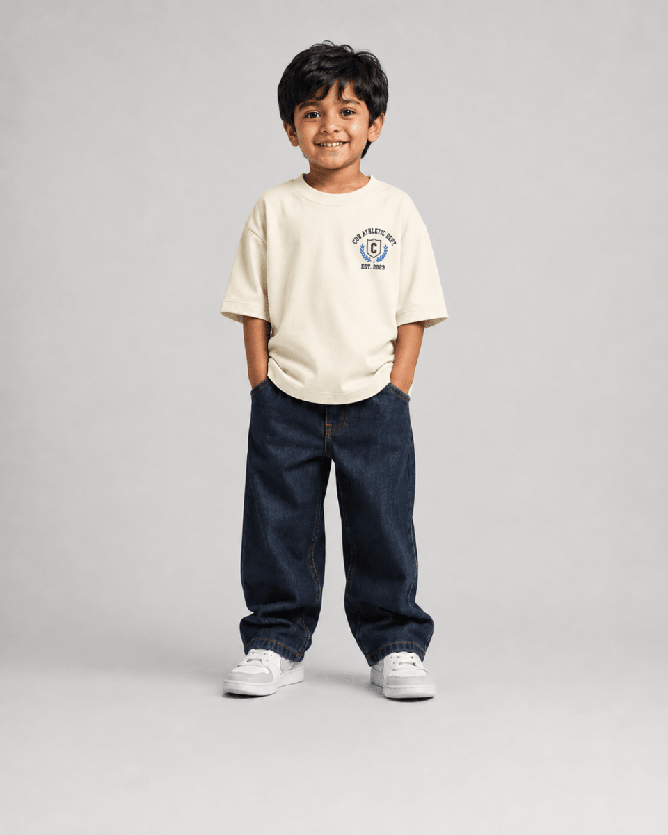 Boys oversized graphic t-shirt in off-white, 23 Jersey print, Bold Cub Korean streetwear - front