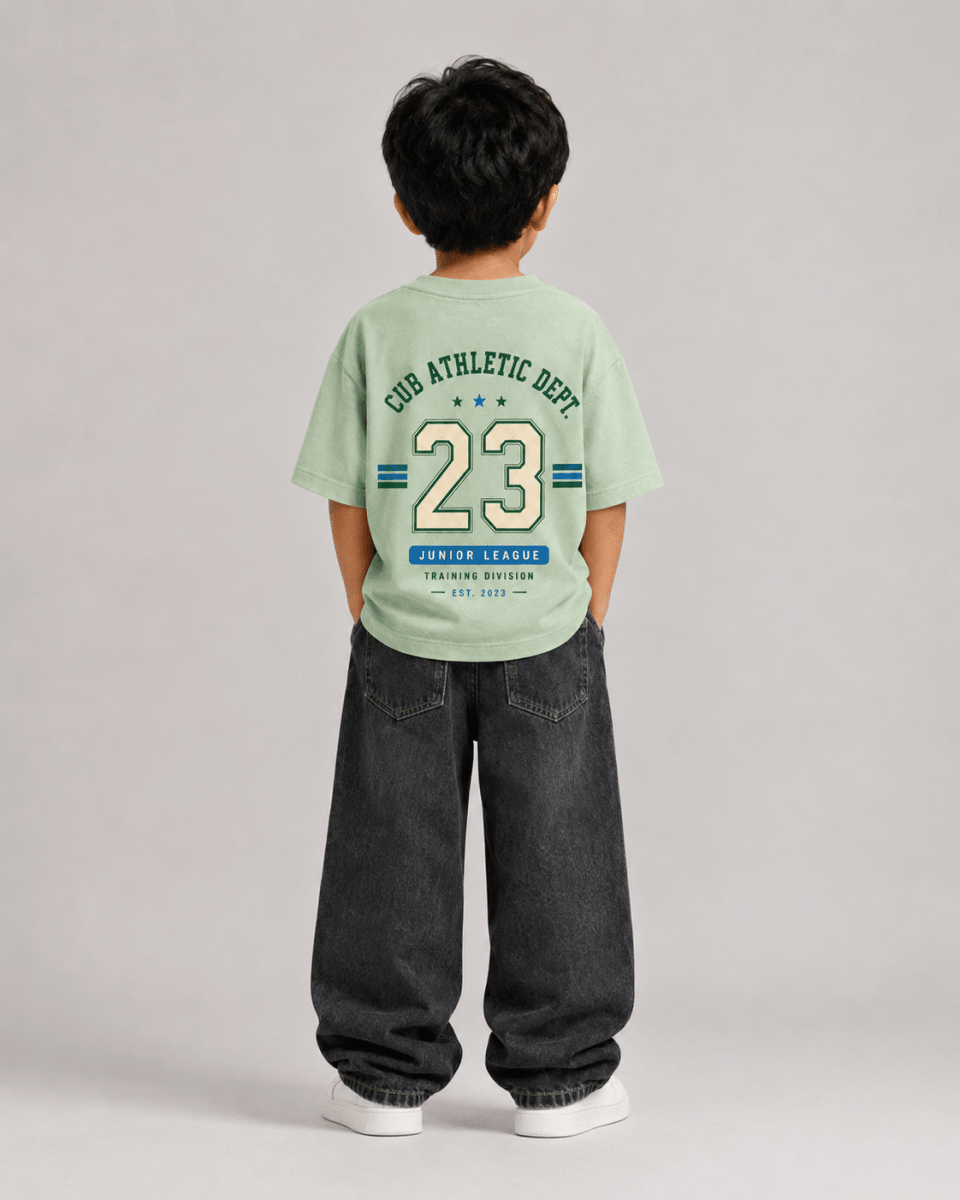 Boys oversized graphic t-shirt in sage green, 23 Jersey print, Bold Cub Korean streetwear - back