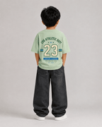 Boys oversized graphic t-shirt in sage green, 23 Jersey print, Bold Cub Korean streetwear - back