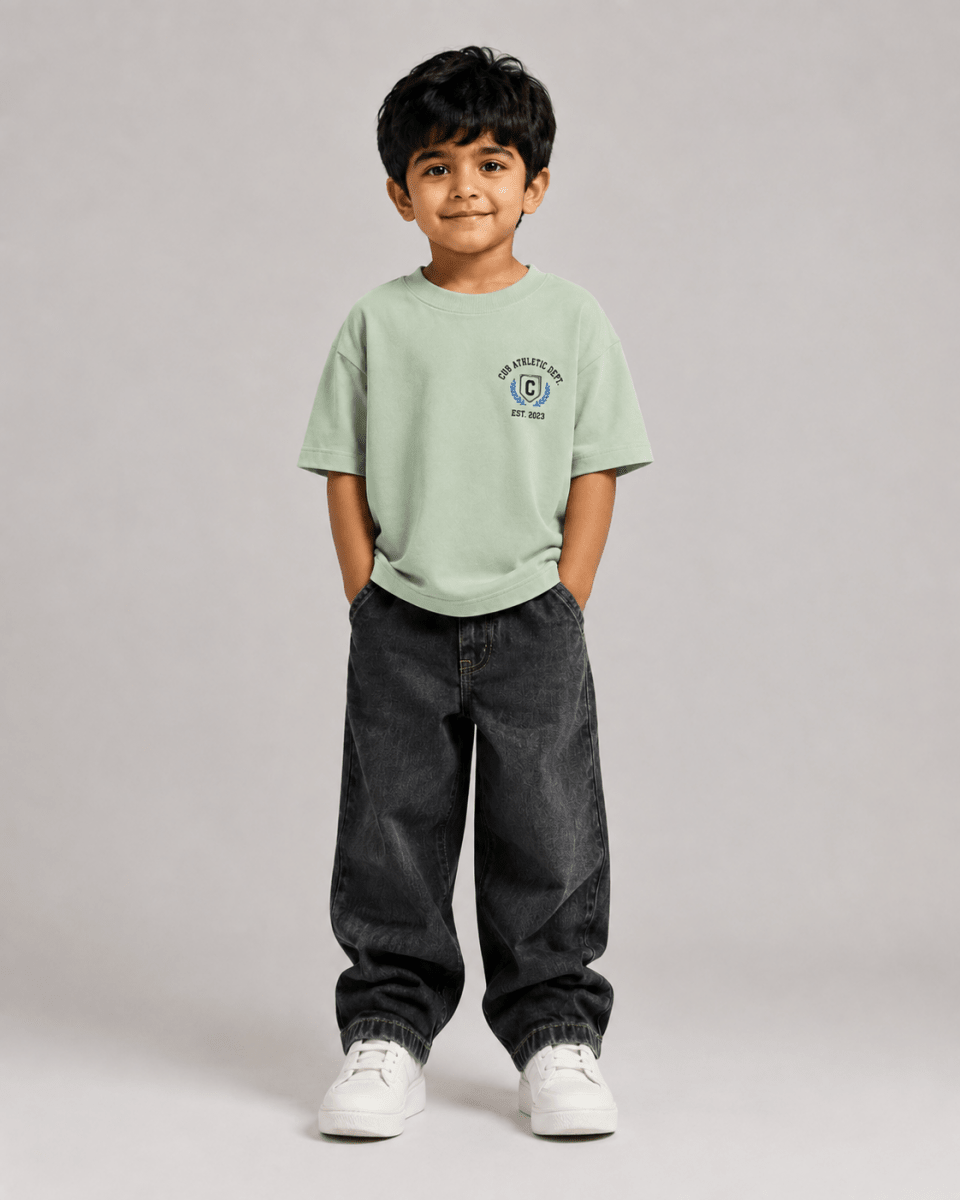 Boys oversized graphic t-shirt in sage green, 23 Jersey print, Bold Cub Korean streetwear - front