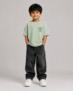 Boys oversized graphic t-shirt in sage green, 23 Jersey print, Bold Cub Korean streetwear - front