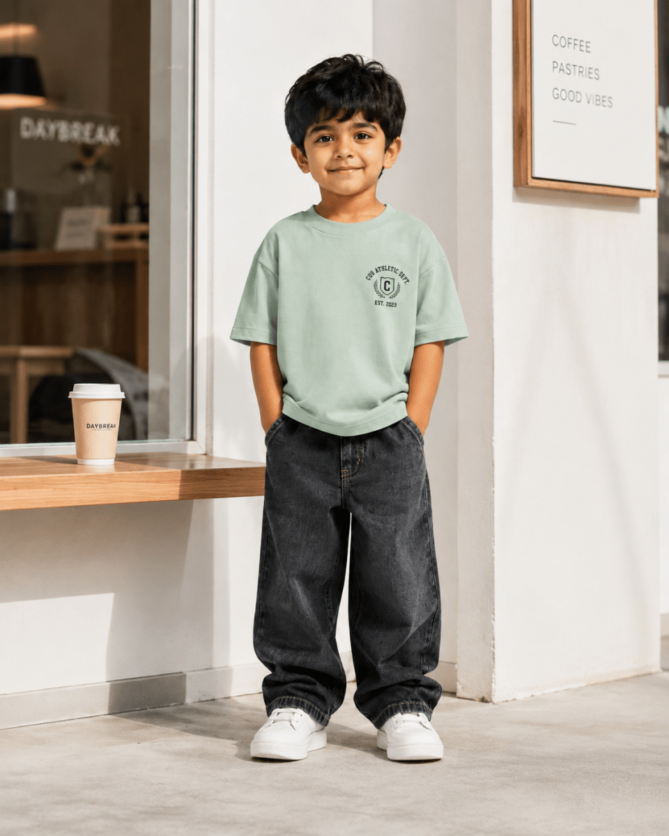 Boys oversized graphic t-shirt in sage green, 23 Jersey print, Bold Cub Korean streetwear - lifestyle shot