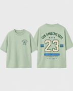 Boys oversized graphic t-shirt in sage green, 23 Jersey print, Bold Cub Korean streetwear - flat lay