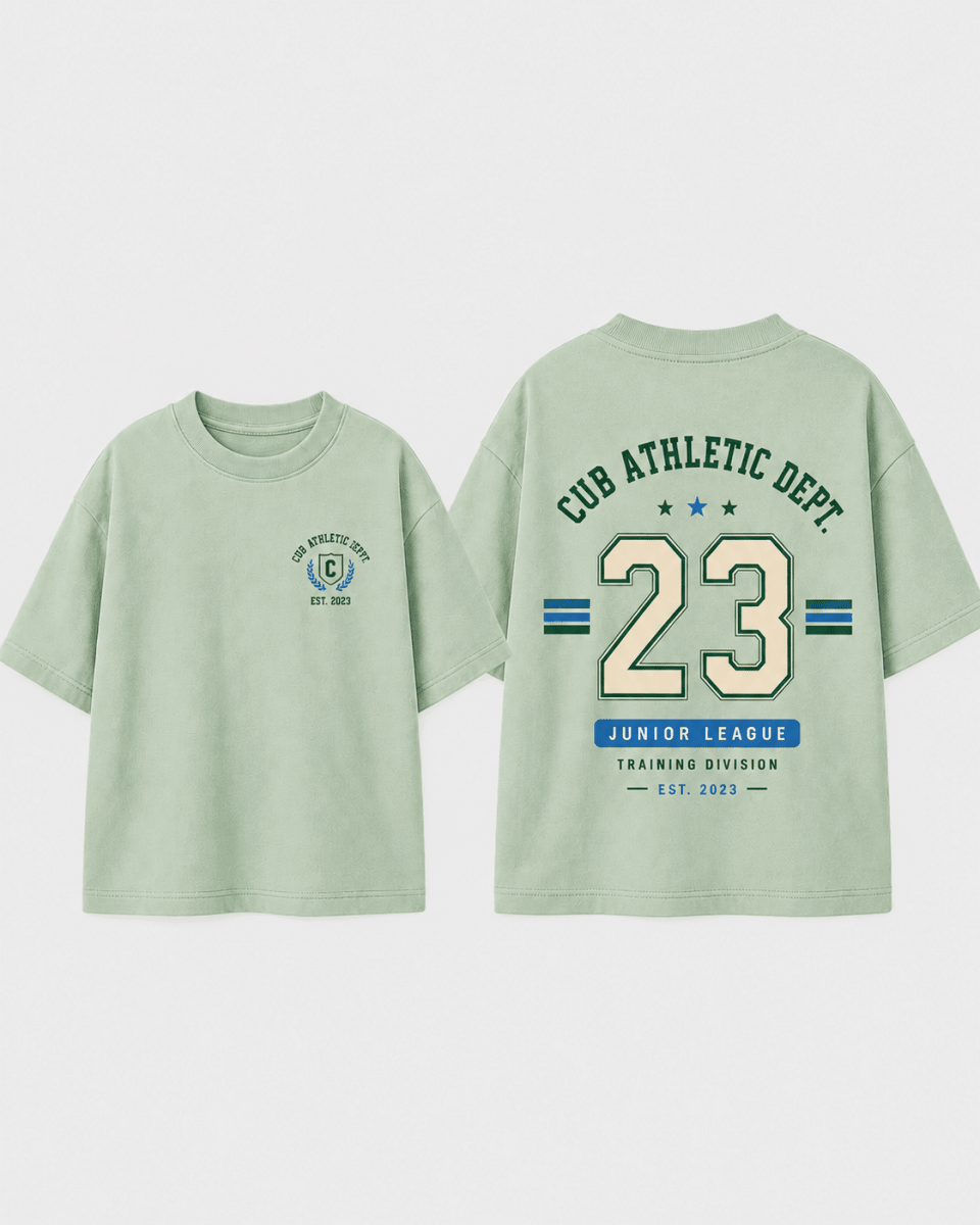 Boys oversized graphic t-shirt in sage green, 23 Jersey print, Bold Cub Korean streetwear - flat lay