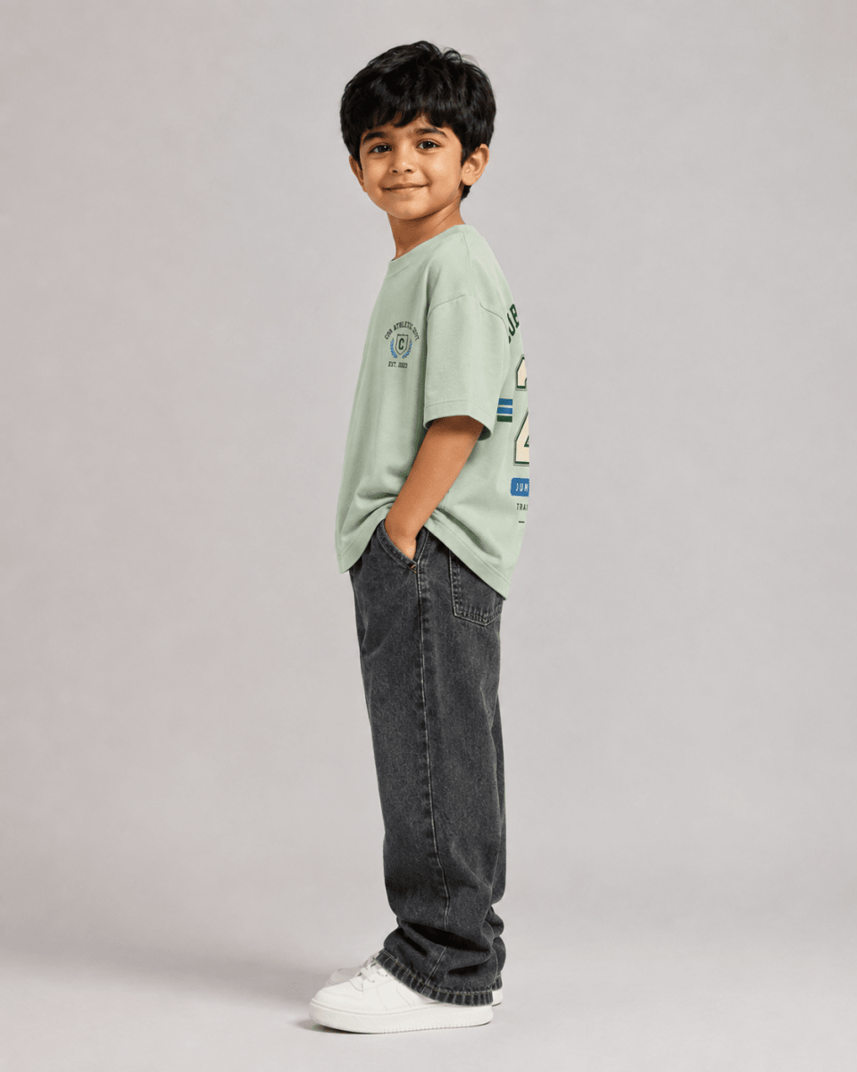 Boys oversized graphic t-shirt in sage green, 23 Jersey print, Bold Cub Korean streetwear - detail shot