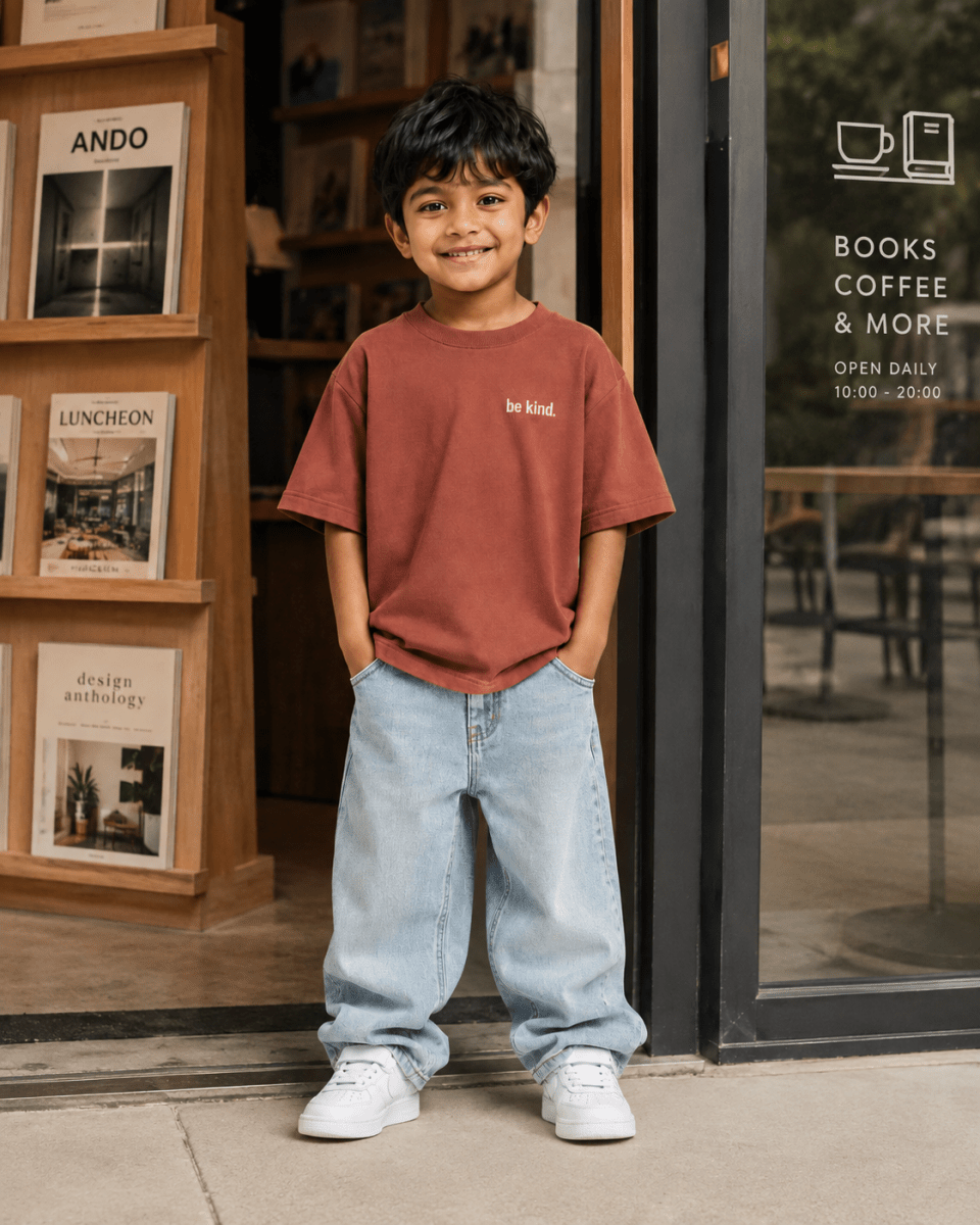 Boys oversized graphic t-shirt in Brown, Be Bold print, Bold Cub Korean streetwear - lifestyle shot