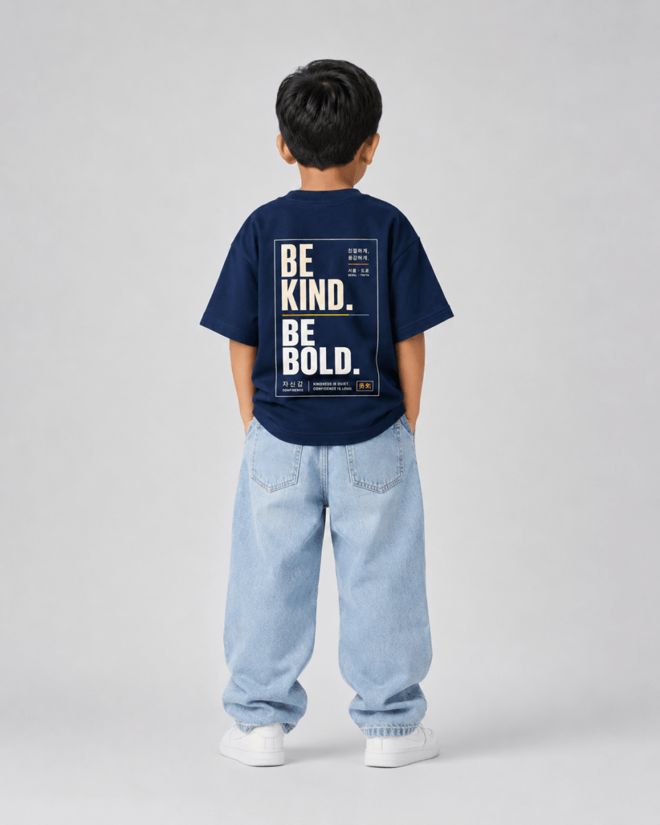 Boys oversized graphic t-shirt in navy blue, Be Bold print, Bold Cub Korean streetwear - back