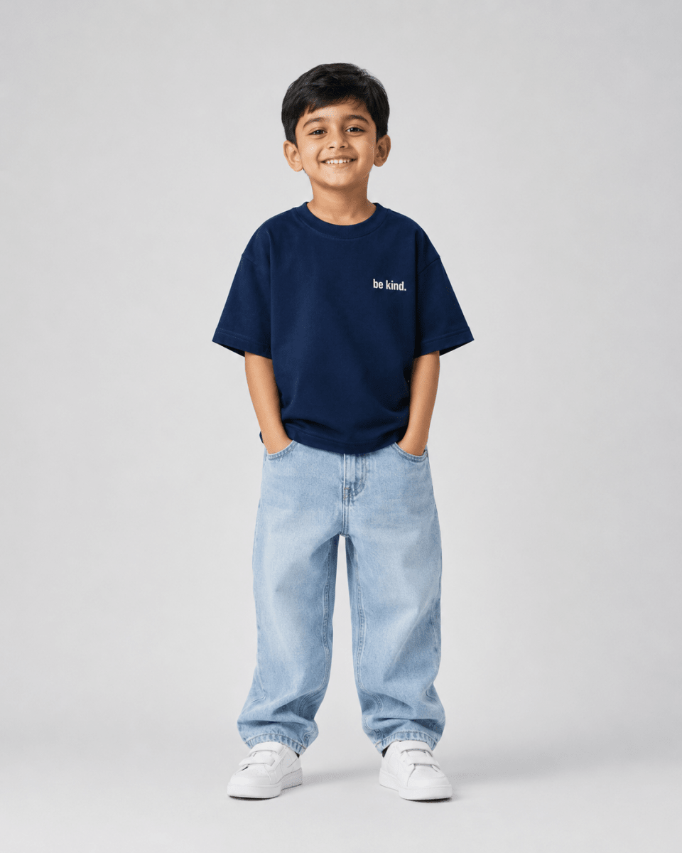 Boys oversized graphic t-shirt in navy blue, Be Bold print, Bold Cub Korean streetwear - front